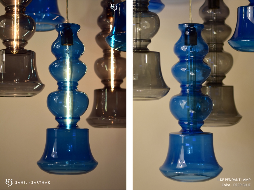 Ilke Pendant Lamp in Blue Blown Glass by Sahil & Sarthak